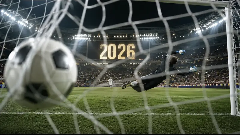 2026 ışıkları önünde kaleye şut atan futbolcu.